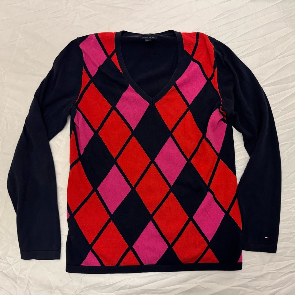 Tommy Hilfiger Blue  Pima Cotton Sweater argyle pattern size large